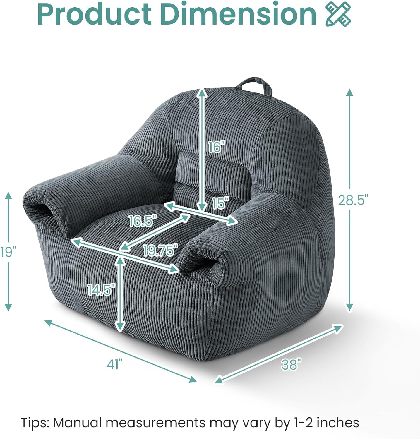 DAICO Bean Bag Chairs for Adults, Giant Bean Bag Chair Comfy Bean Bag Sofa with Handle Corduroy Single Lazy Floor Sofas Accent Chair with Foam for Bedroom Living Room Reading Gaming Grey