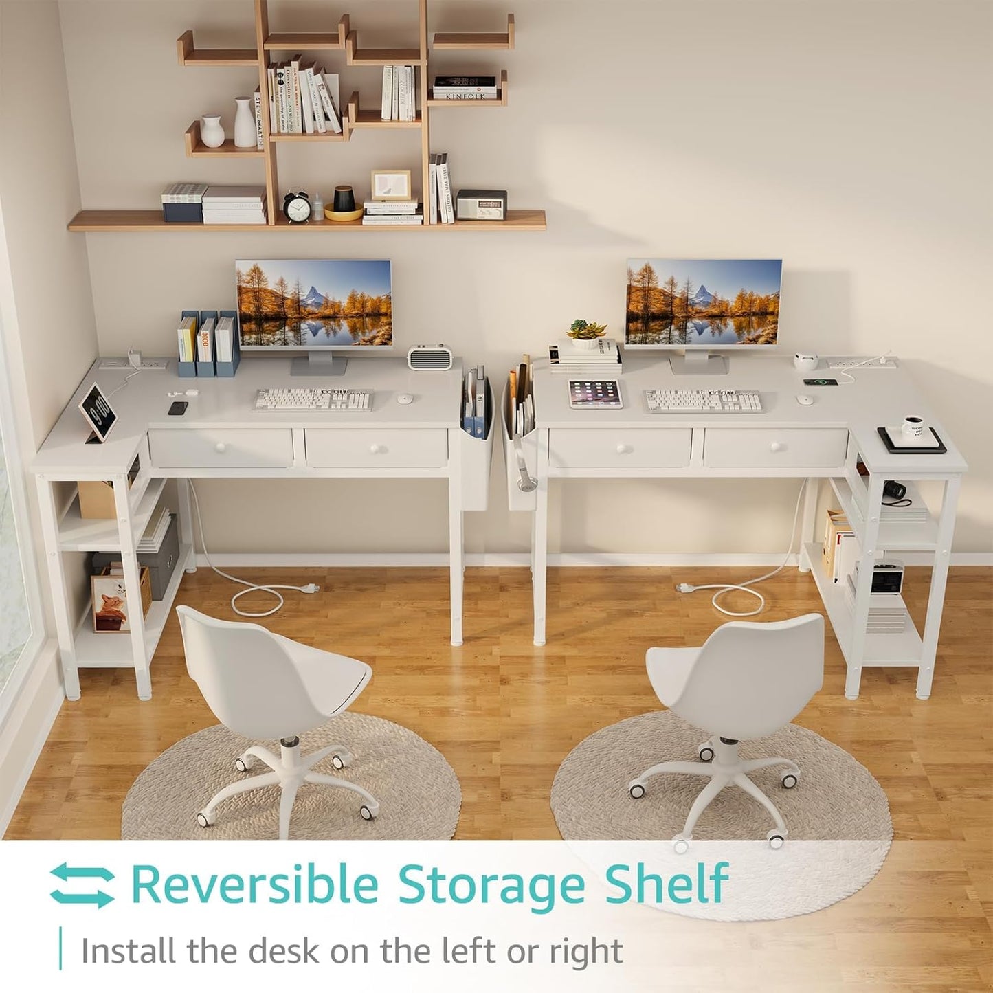 DLisiting Small White L Shaped Desk with Drawers & Storage Shelves, 40 Inch Corner Desk with Power Outlet for Small Space Home Office, Study Work PC Desks for Bedroom