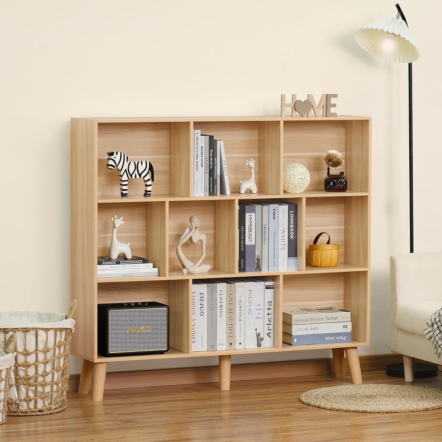 LEYAOYAO 10 Cube Bookshelf,3 Tier Modern Wide Bookcase with Legs,Mid-Century Wood Bookshelves Storage，Natural Large Book Case,Freestanding Organizer Display Shelf for Bedroom,Living Room,Office