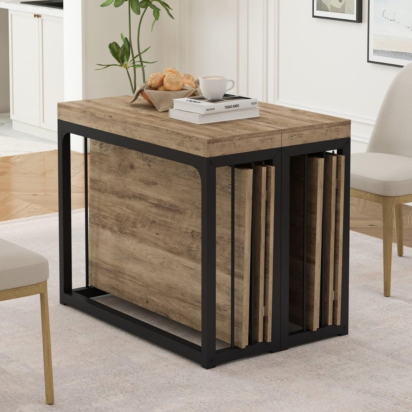 KEIKI 23.62" - 118" L Extendable Foldable Dining Room Table for 2-10 People, Wood Modern Rustic Rectangle Expandable Kitchen Living Meeting Room Furniture, 5 Tabletop Length Options