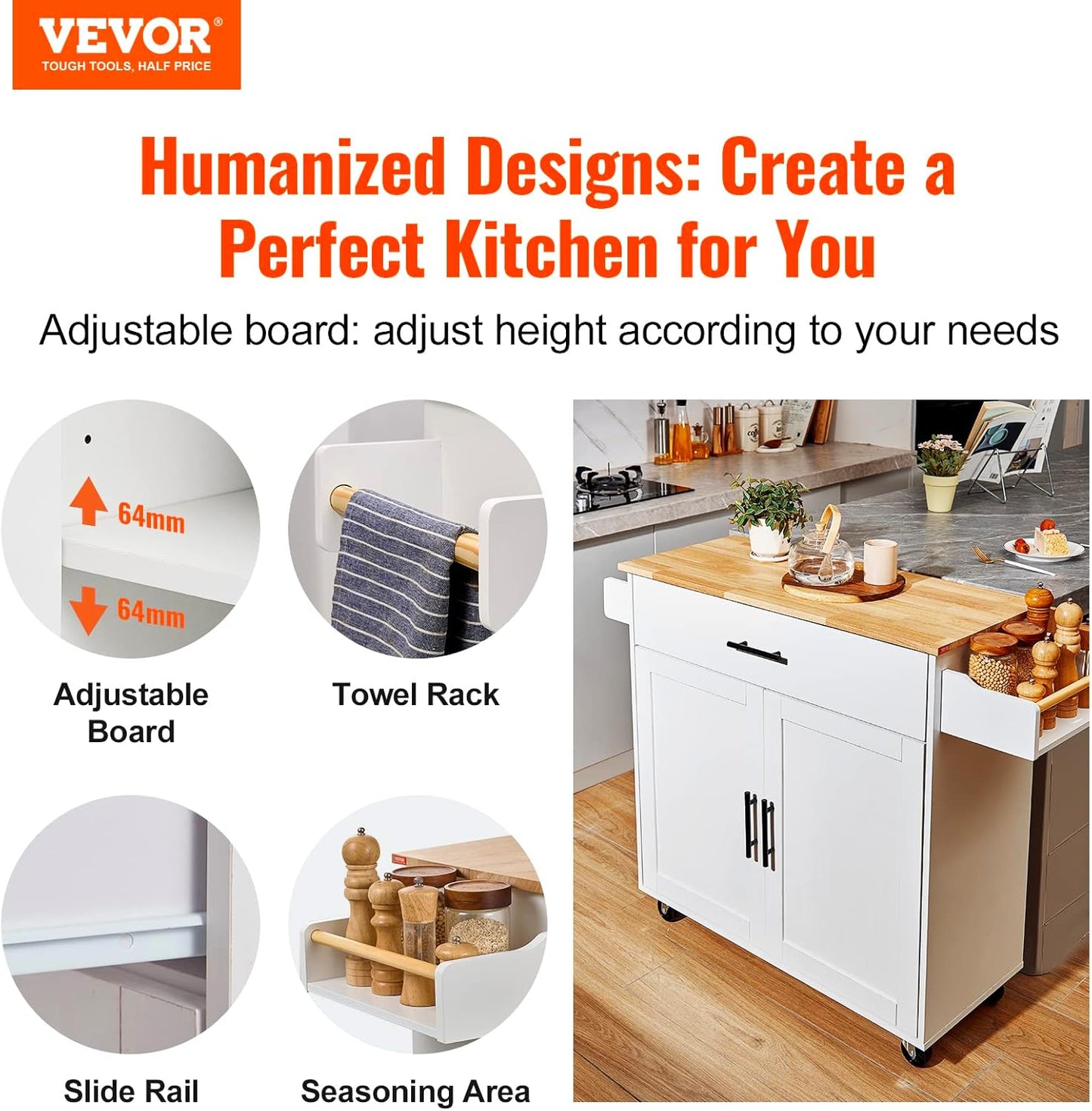 VEVOR Kitchen Island Cart with Solid Wood Top, 35.4" Width Mobile Carts with Storage Cabinet, Rolling Kitchen Table with Spice Rack, Towel Rack, Drop Leaf and Drawer, Portable Islands on Wheels, White