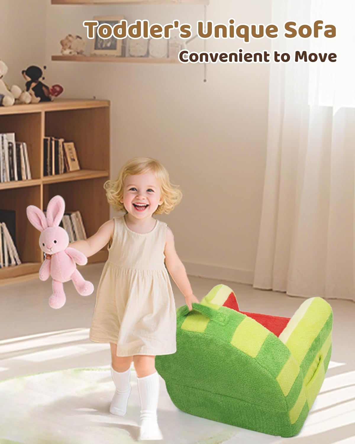 Toddler Chair, Comfy Foam Kids Couch with Soft Velvet Cover, Toddler Couch with Cute Watermelon Design for Gaming and Studying, Kids Sofa for Boys and Girls