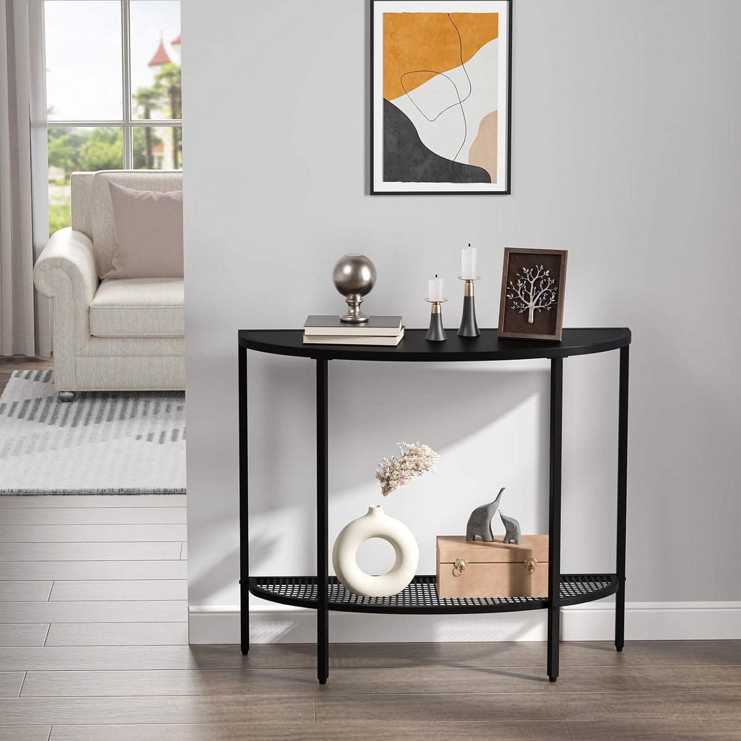 SAYGOER Black Half Moon Console Table 2 Tier Narrow Entryway Table with Storage Modern Couch Table Small Entry Way Tables, Easy Assembly, All Black