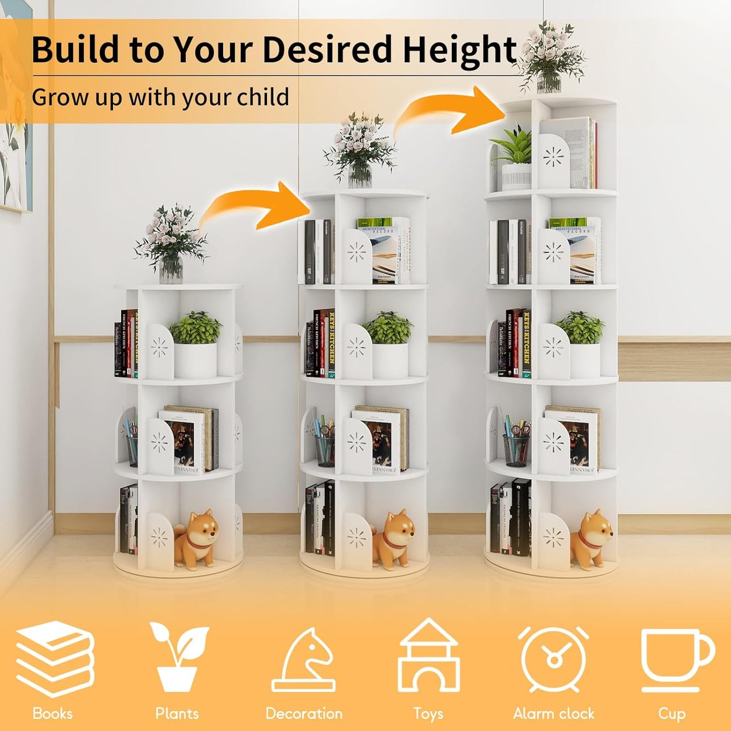 Hestiasko 5 Tier Rotating Bookshelf, 360 Rotating Bookcase, Spinning Bookshelf Tower for Kids & Adults, Corner Book Shelf for Small Space, Revolving Bookcase for Bedroom, Living Room, White