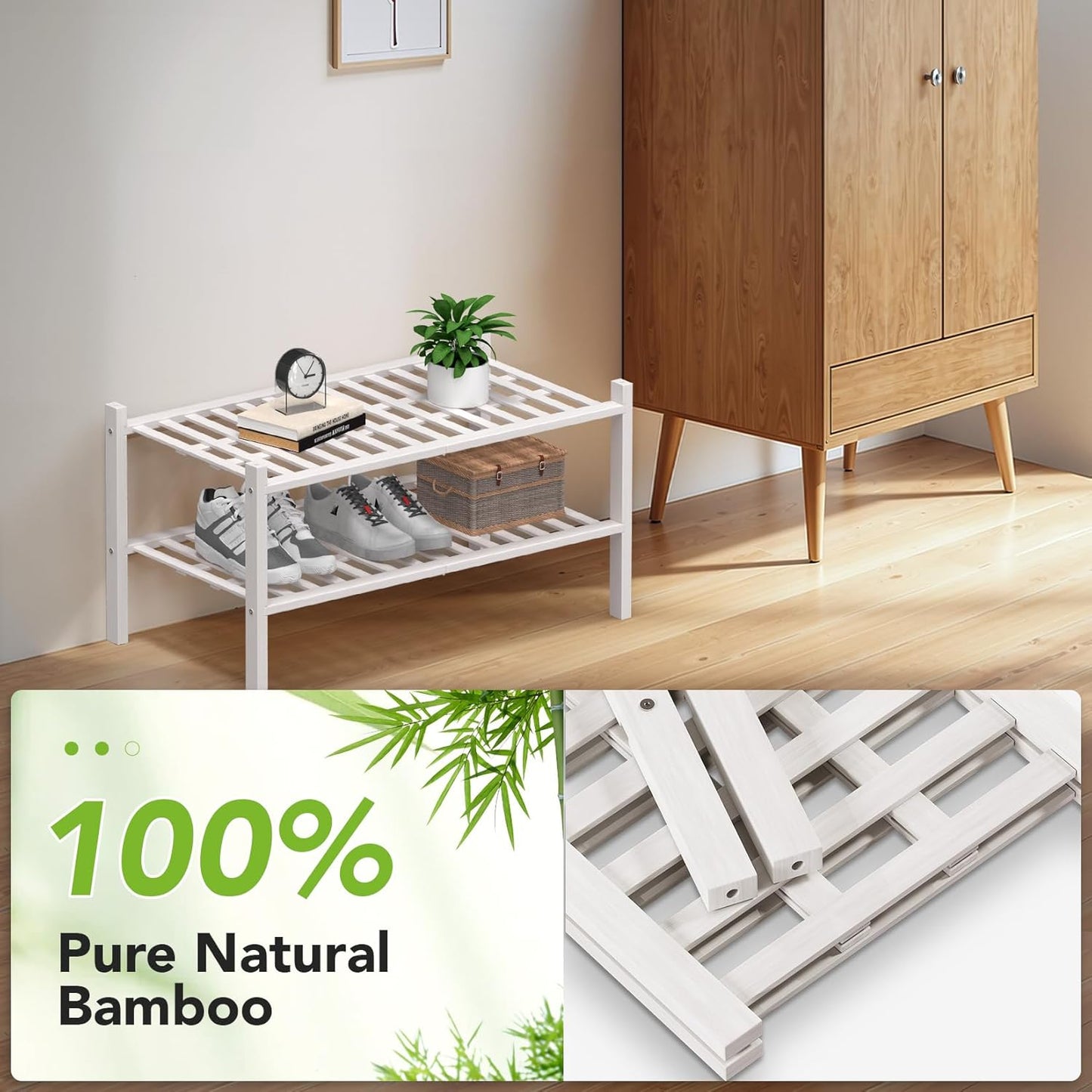 Haddockway Large 2 Tier Bamboo Shoe Rack Storage Organizer, Multifunctional Free Standing Stackable Shoe Shelf with Grid Panel for Closet,Hallway,Entryway,Small Space 27"x12"x14"(White, 2-Tier(Large))