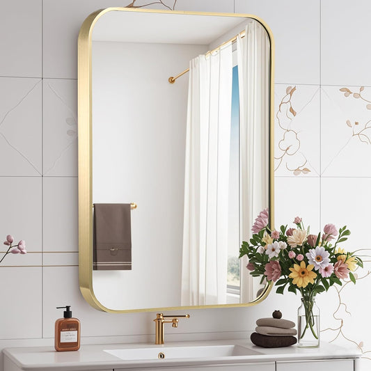 Gold Bathroom Mirror, 48x30 Inch Brushed Gold Mirror, Aluminum Alloy Framed Rectangle Bathroom Mirror for Over Sink, Anti-Rust Wall Mirror (Horizontally or Vertically)