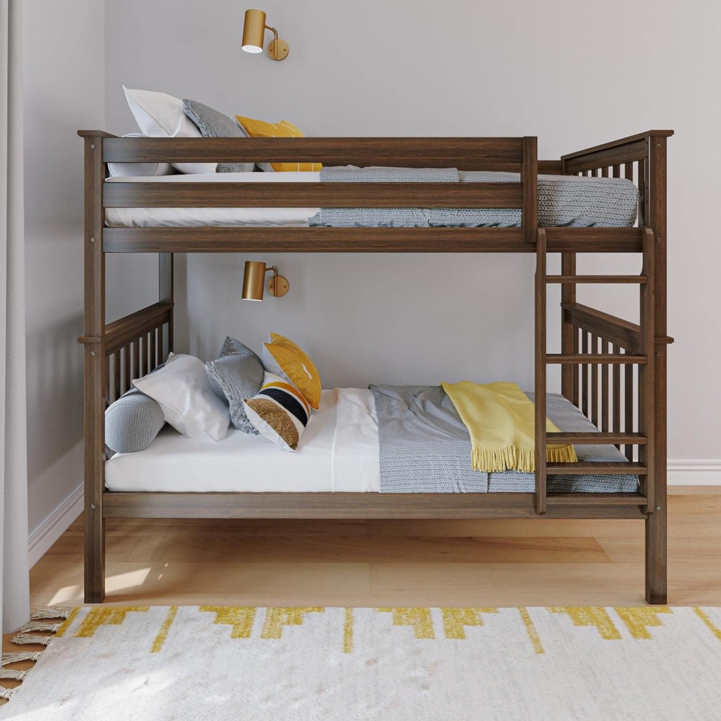 Max & Lily Bunk Bed Twin over Twin, Solid Wood Bunk Bed Frame with Ladder for Kids, 14" Safety Guardrails, Easy Assembly, No Box Spring Needed, Walnut