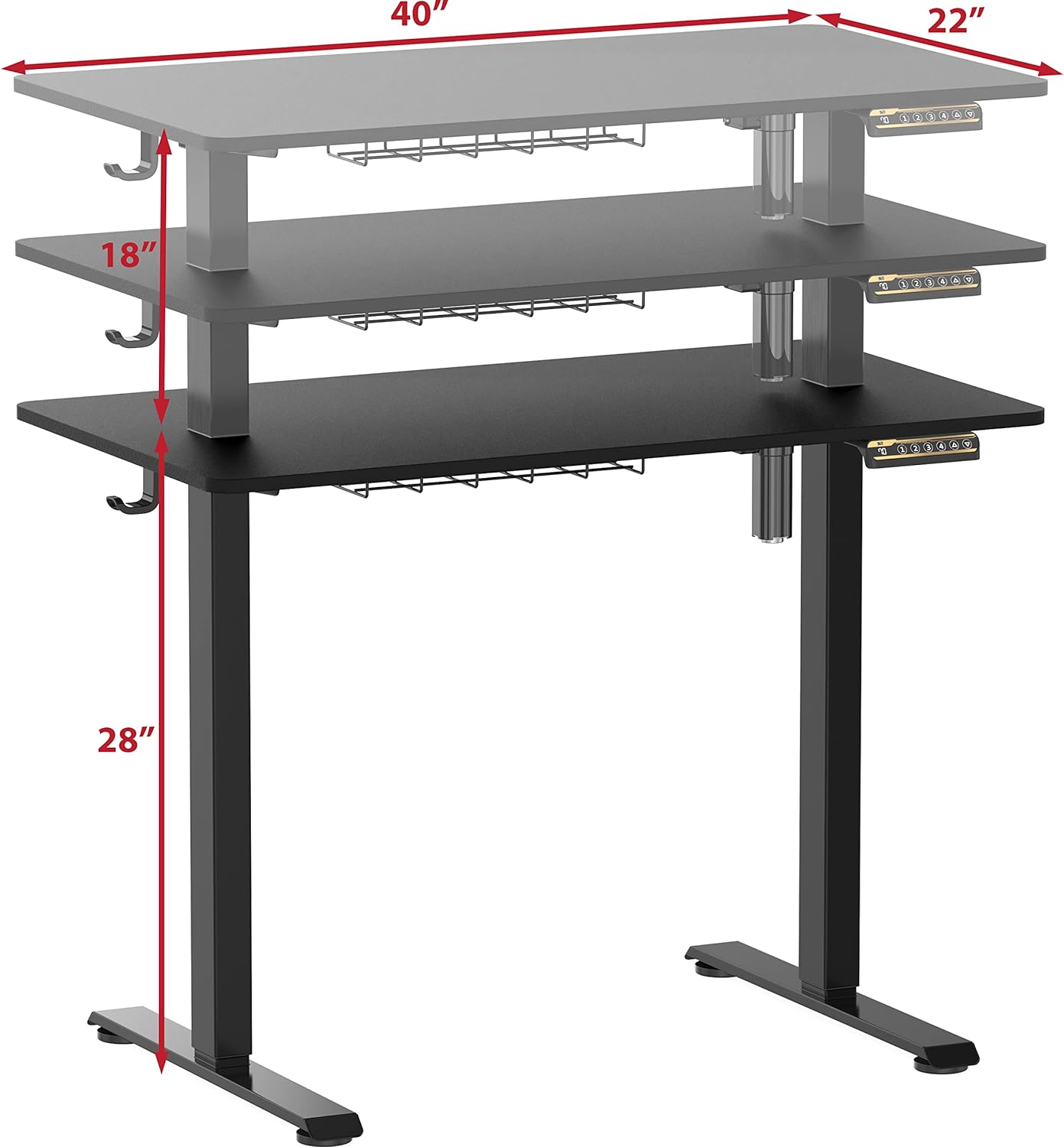 SHW 40 x 22 Inches Electric Height Adjustable Sit to Stand Desk with Hanging Hooks and Cable Management, Black Frame and Black Top