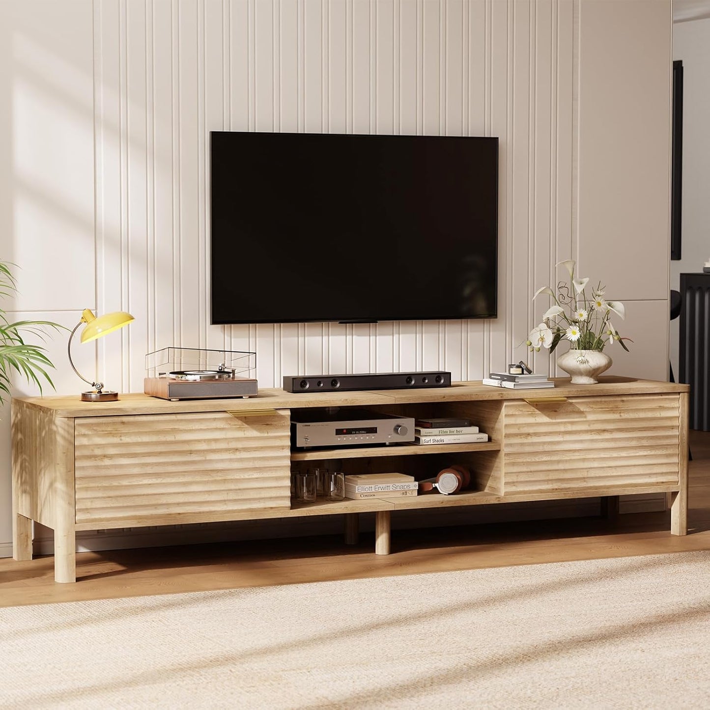 TV Stand for Living Room - up to 80 Inch TVs Mid Century Modern Entertainment Center with Storage and Adjustable Shelves, Media Console Table Oak 70"