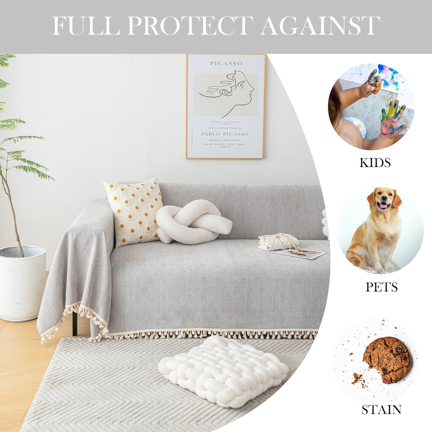 HANDONTIME Grey Sofa Cover for 3 Seat Couch - Dog Resistant, Light Grey, 91" X118", Tassel Chenille Herringbone