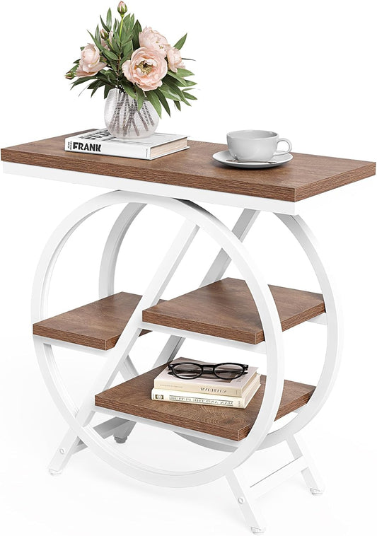 LITTLE TREE End Table, Narrow Side Table with 4-Tier Large Storage Space, Modern Bedside Table for Living Room, Home Office, Bedroom, Brown and White