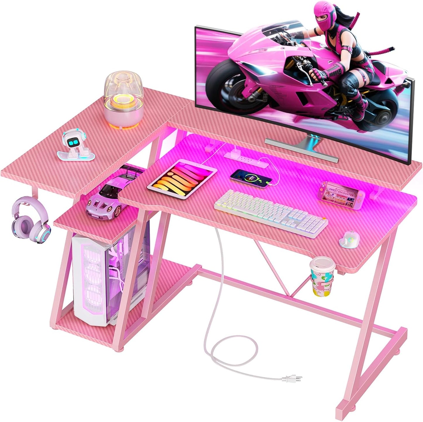 40 Inch Pink Gaming Desk with Power Outlet & LED Lights, Corner Computer Desk with 3 Tiers Storage Shelves, L Shaped Gaming Desk with Monitor Stand for Bedroom