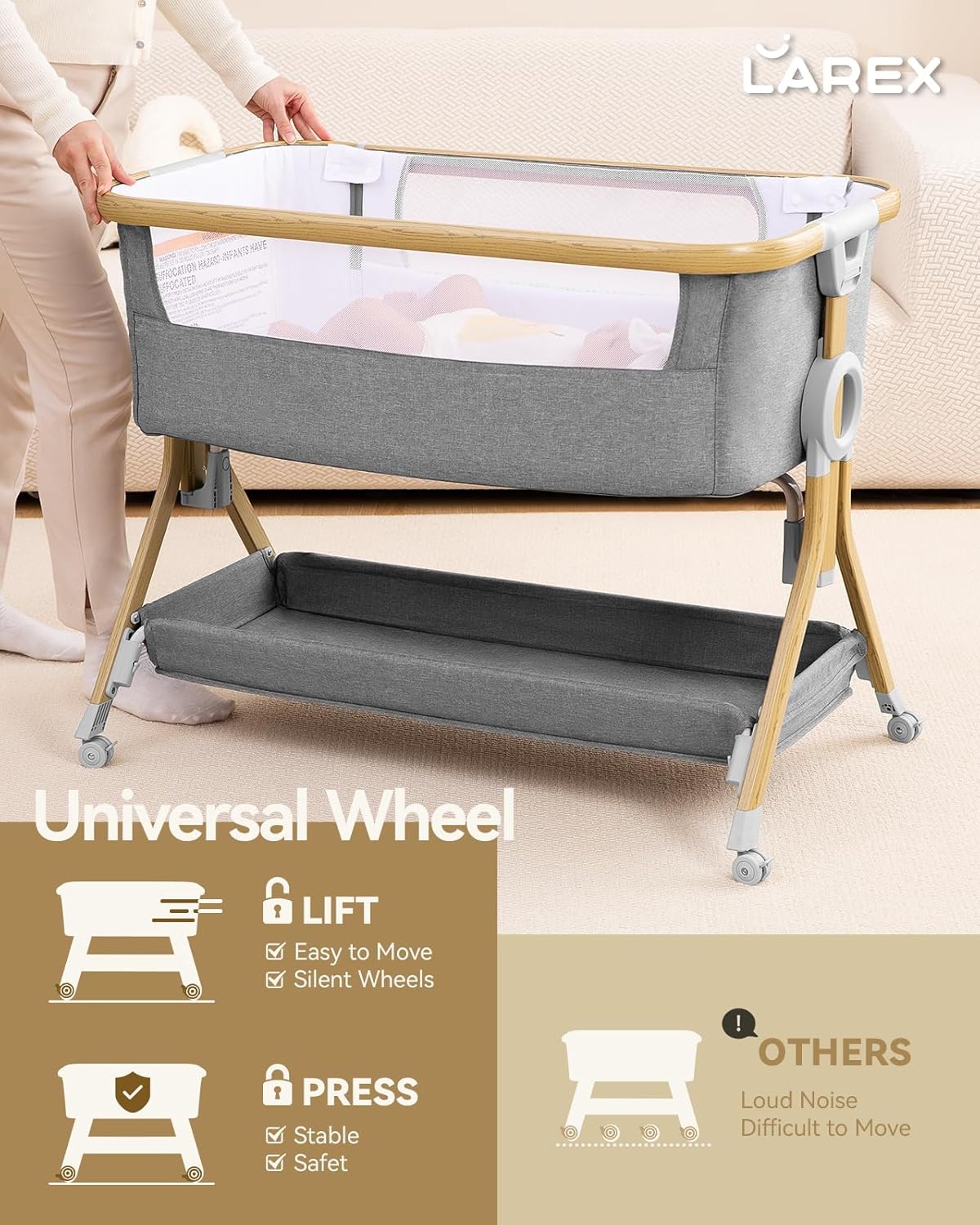 Larex 3 in 1 Baby Bassinet Bedside Sleeper, Breathable Mesh Safe Bedside Bassinet for Baby, Easy Assemble and Folding Portable Bassinet, 5 Height Adjustable Bedside Crib with Storage Basket. (Grey)