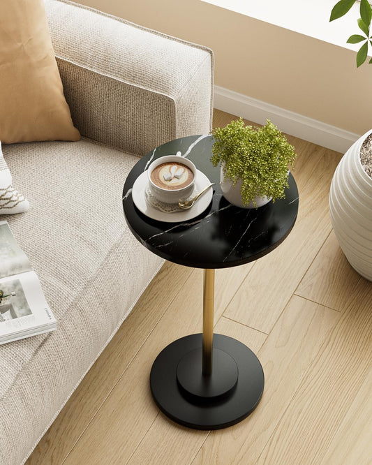 Round Side Table, Small Drink Table for Small Spaces, Modern Accent End Table Coffee Table with Metal Leg for Living Room, Bedroom, Corners, and Office (Black Marble)