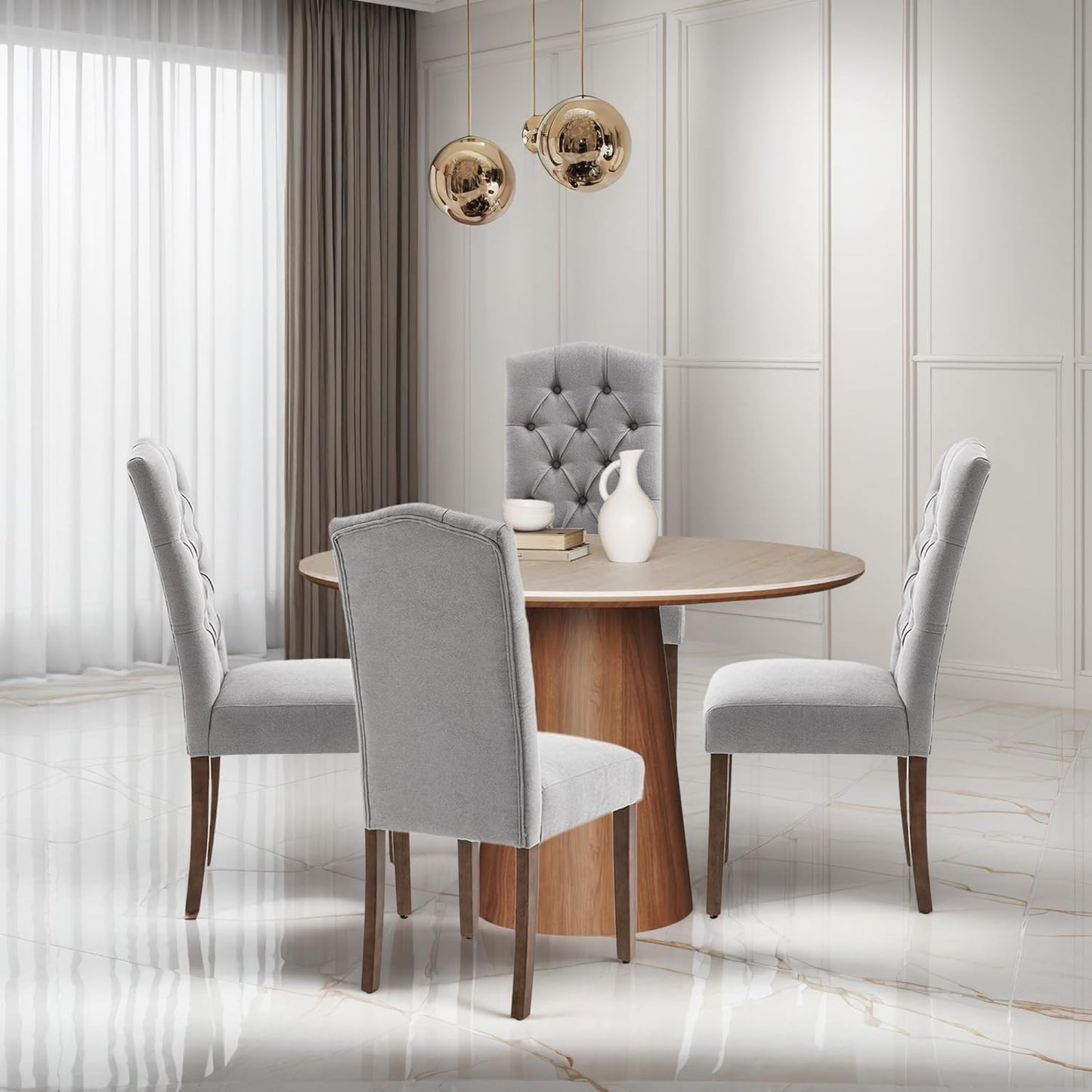 Tufted Upholstered Parsons Dining Chair Set Fabric Diner Accent Stylish Modern Kitchen Living Room with Button Sturdy Solid Wood Legs