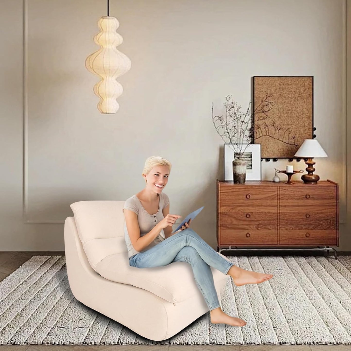 Bean Bag Chair - Memory Foam Bean Bag Chair for Adults, Comfy High-Resilience Single Sofa, Small Space Floor Chair, Chaise Lounge for Living Room, Bedroom (Beige, Cushions)