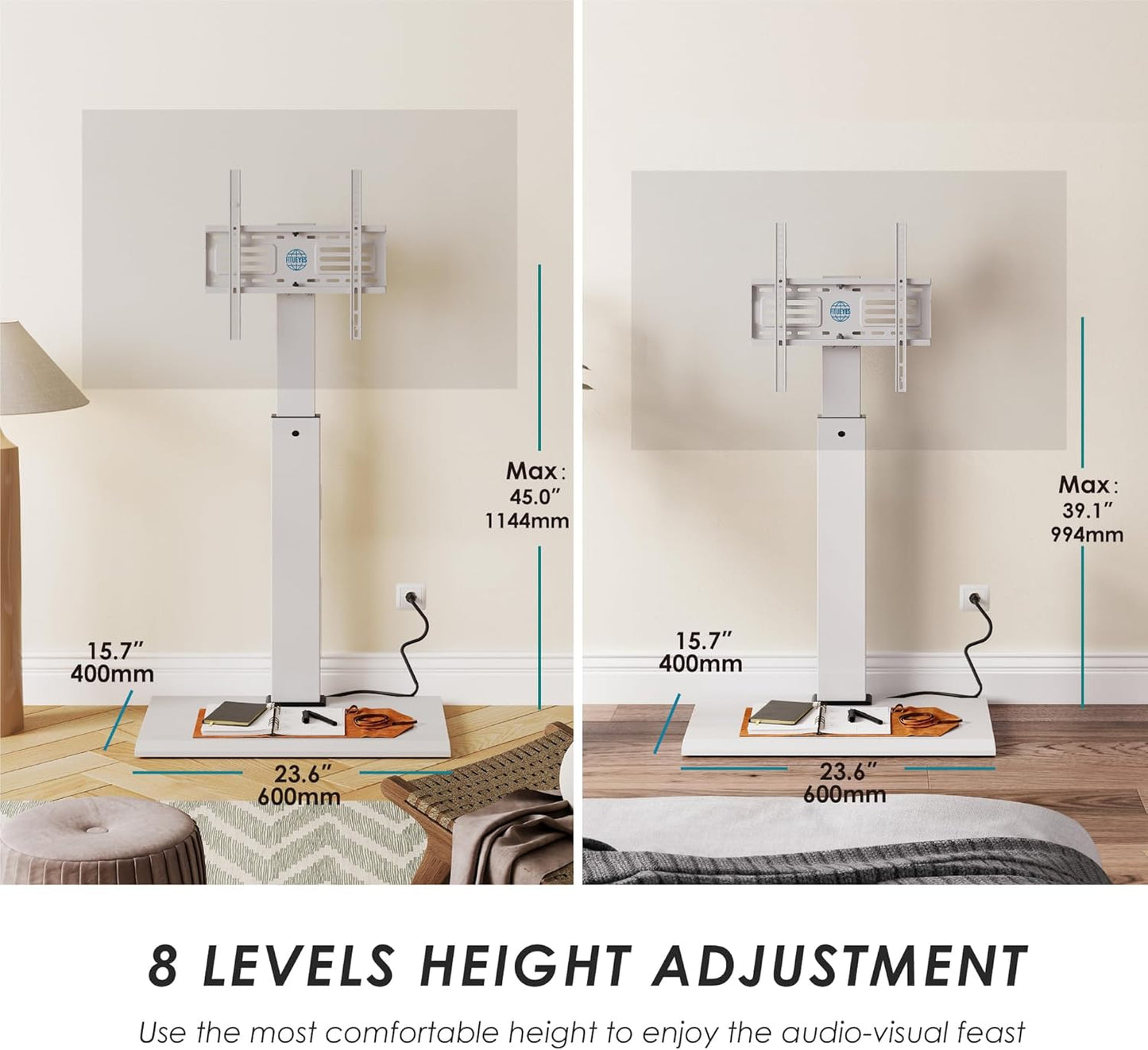 FITUEYES Floor Swivel TV Stand with Power Outlet for 32-65 Inch TVs, Floor TV Stand with Mount Height Adjustable with Iron Base, Hold Up to 88lbs, Space Saving for Bedroom, Living Room