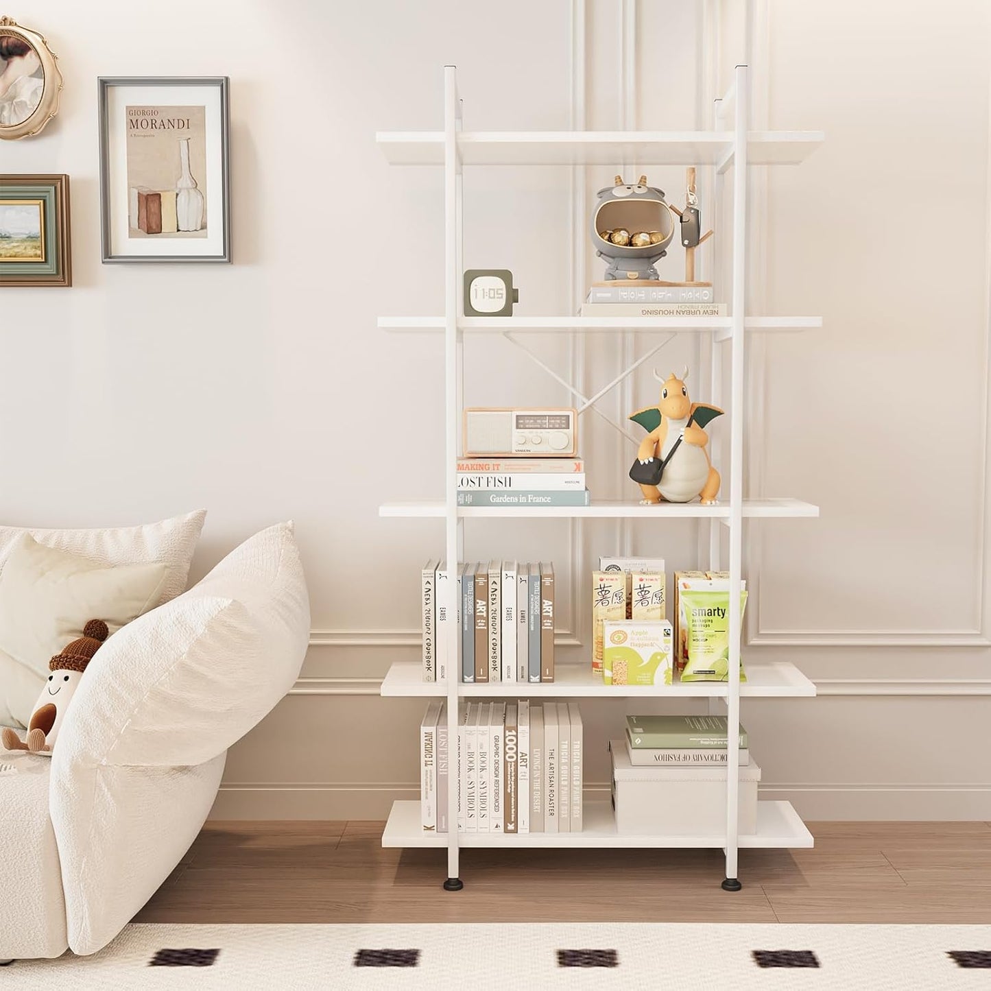 Bookshelf 5 Tiers White Wooden Storage Shelf,Modern Open Display Storage Bookcase Book Organizer,Metal Bookshelf Standing Storage Shelf Tall Shelving Units for Home Office Study