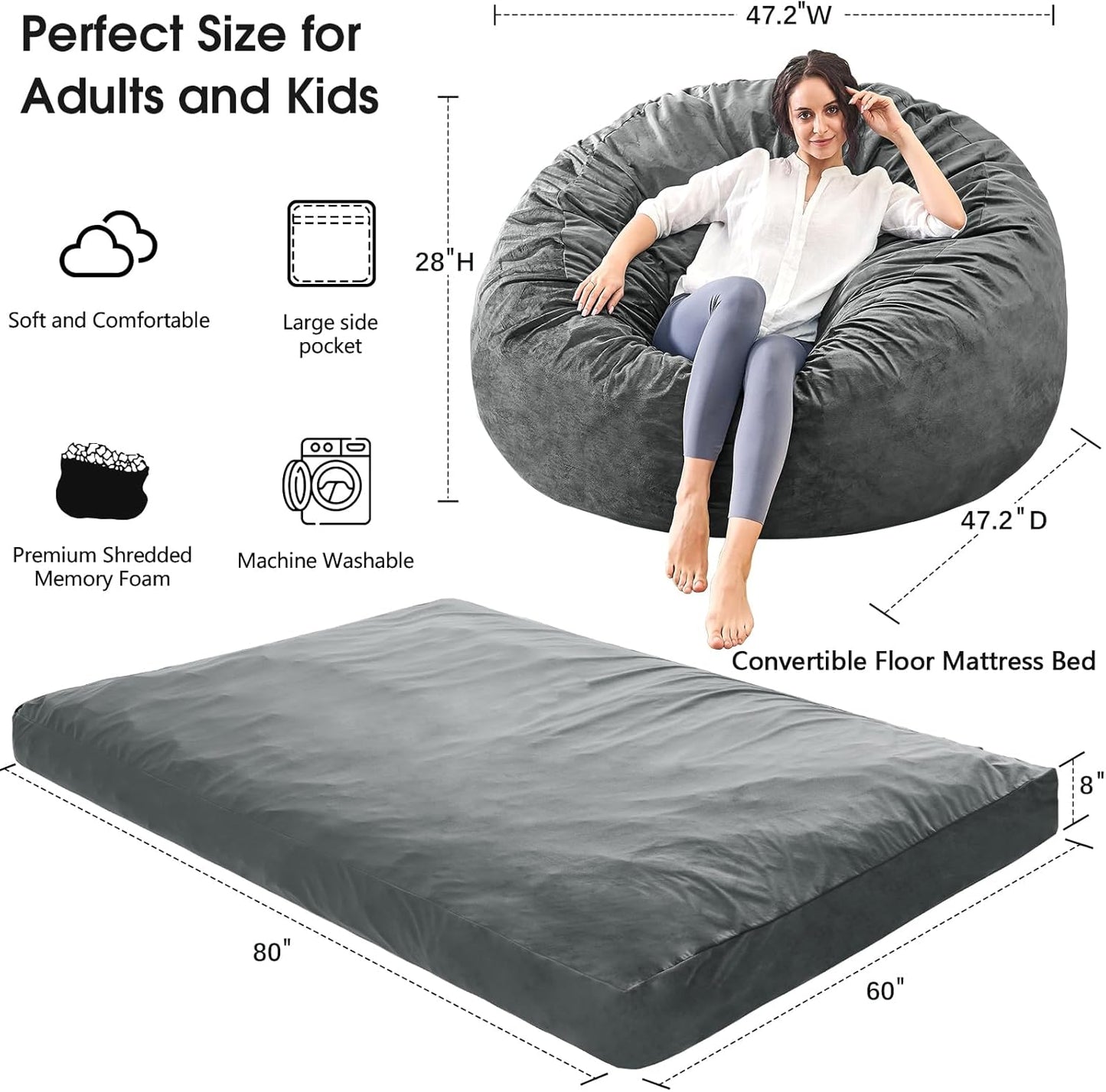 Bean Bag Chairs for Adults - Giant Bean Bag Chair Convertible Bean Bag Bed - Beanbag Chair with Micro Fiber Cover/Furniture Foam Filler - Floor Couch Sofa in Bedroom Dorm Room - Queen Charcoal