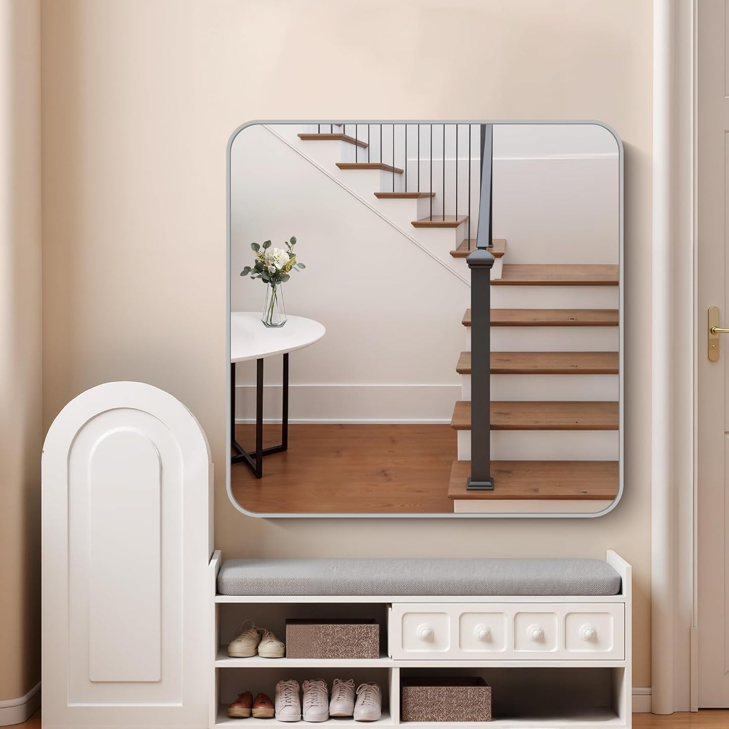 FORBATH 42x42 Inch Silver Bathroom Mirror for Over Sink, Large Square Wall Mirror with Metal Frame, Rounded Corners for Bathroom, Bedroom, Entryway Decor (Horizontal or Vertical)