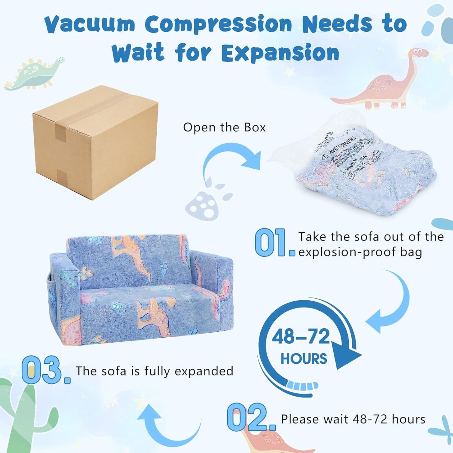 Toddler Couch,Toddler Chair,Extra Wider Seating,2-in-1 Baby Seat Furniture Fold Out, Convertible Sofa to Lounger Comfy Glow in The Dark Sofa Bed,Gifts for Kids Girl Boys,Dinosaur,Large