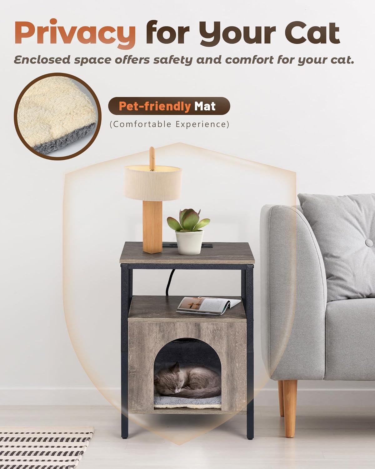 Cat End Table with Charging Station, Indoor Cat House Side Table with Bed, Cat Cave Hideaway Night Stand, Greige