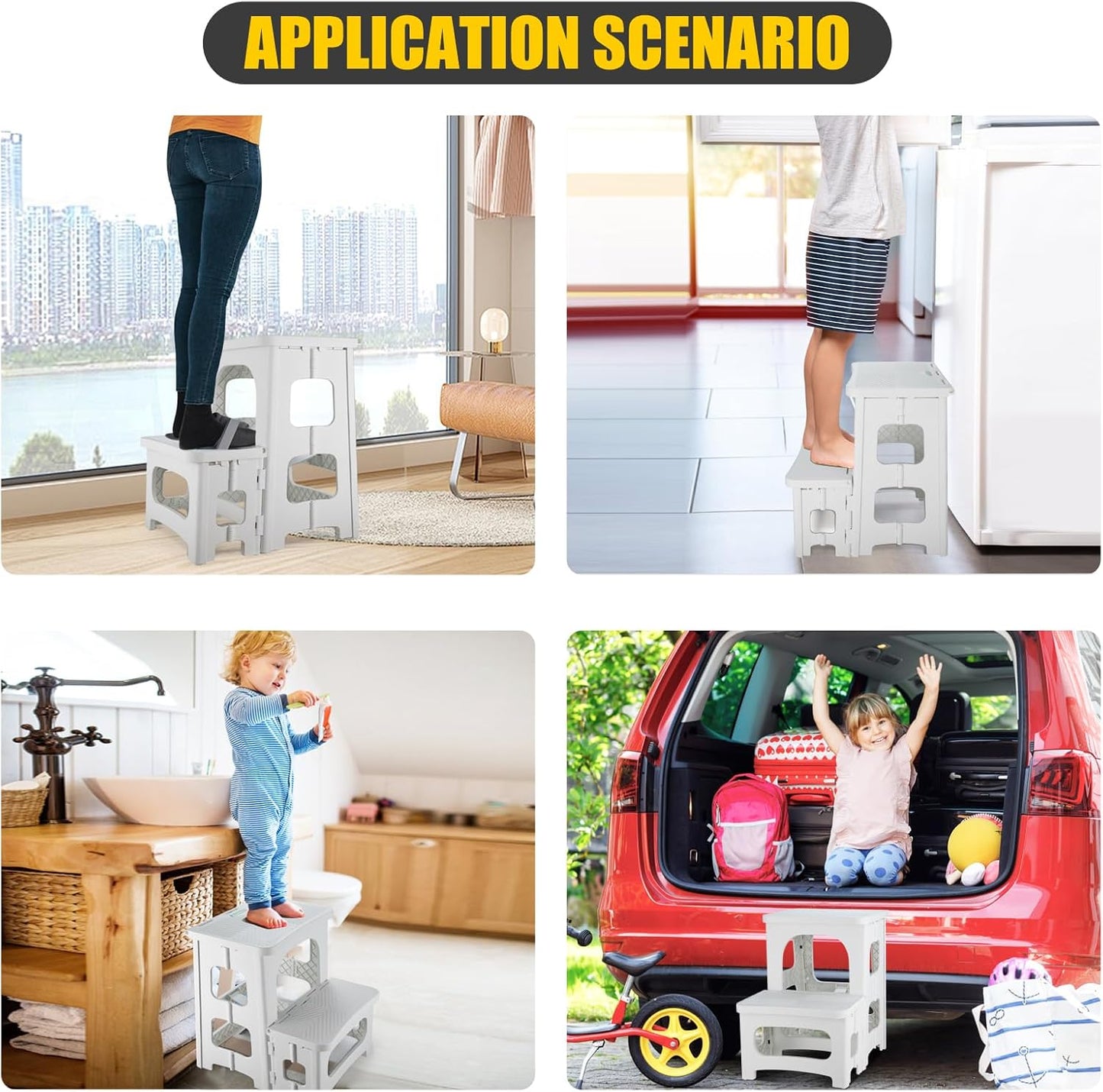 Folding 2-Step Stool for Adults Kids Non-Slip Collapsible Portable Step Stool for Kitchen Home Toilet Bedroom Office Bathroom Rv,Holds 300 Lbs(White)