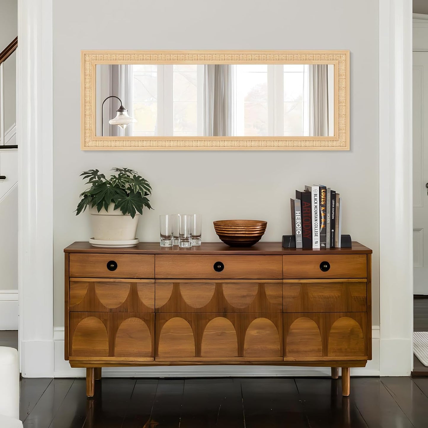 Rattan Wall Mirror with Wooden Framed 18 X 48 inch Farmhouse Rectangle Wood Mirror for Modern Decorative Bathroom, Living Room, Entryway, Bedroom