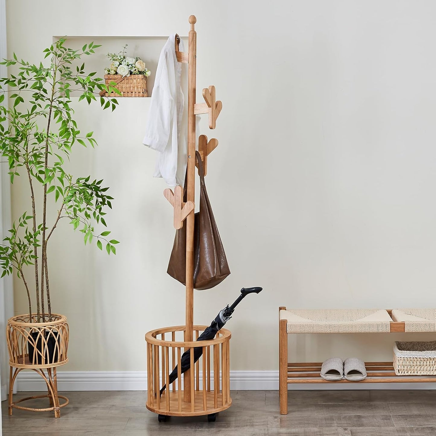 CozyDH Solid Wood Coat Rack Freestanding with Lockable 360° Rotary Casters, Coat Tree Stand with Umbrella Holder & Laundry Basket Storage & 12 Hooks, Natural