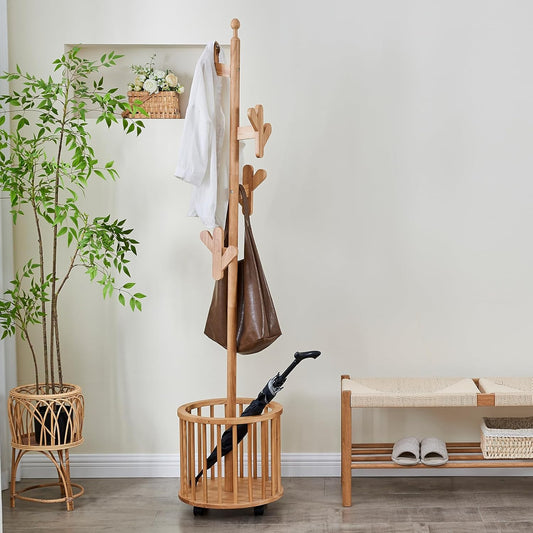CozyDH Solid Wood Coat Rack Freestanding with Lockable 360° Rotary Casters, Coat Tree Stand with Umbrella Holder & Laundry Basket Storage & 12 Hooks, Natural