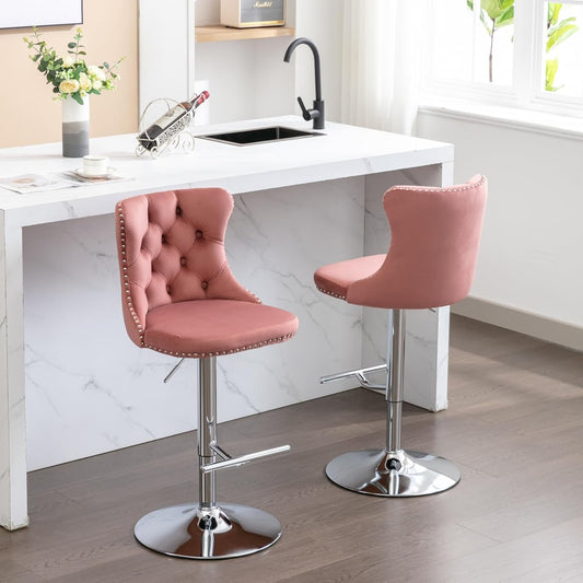 PacknWood Acosure Swivel Velvet Barstools Adjusatble Seat Height from 25-33" with Backs Comfortable Tufted Modern Upholstered Chrome Base Bar Chairs for Home Pub Kitchen,Pink,Set of 2
