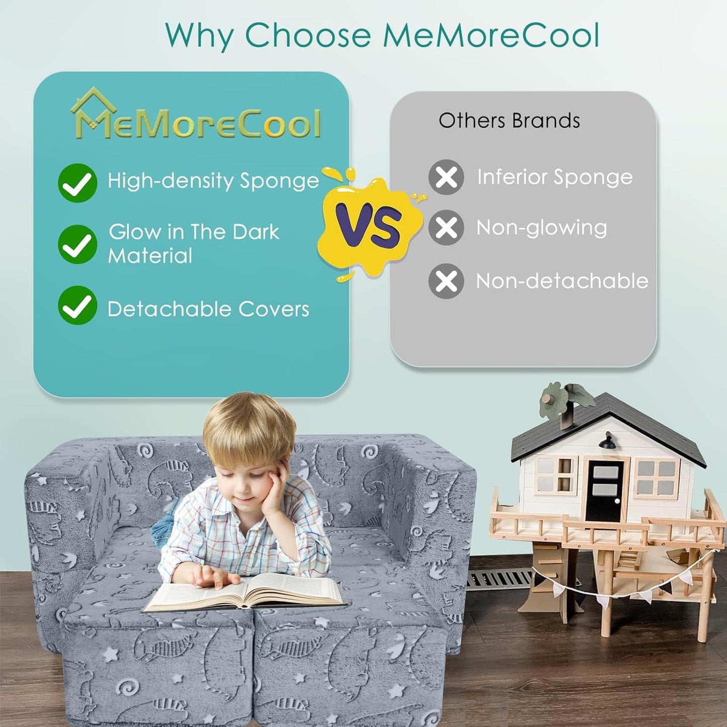 MeMoreCool Glow-in-The-Dark Dinosaur Modular Kids Play Couch — Convertible Foam Sofa for Toddlers, Multi-Configuration Climbing & Fort Building Furniture with Washable Covers, Gray