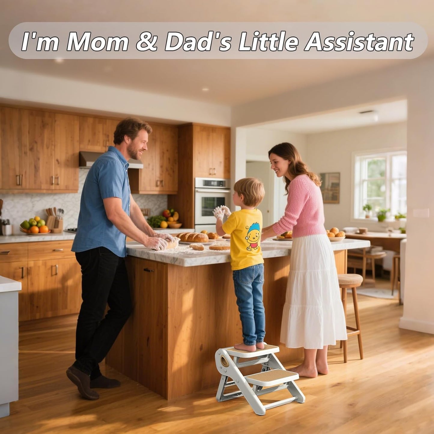 Toddler Step Stool, iNeibo 2-Step Foldable Step Stool for Kids, Widened & Thickened with Anti-Slip Design, Safer for Children Use for Kitchen, Bathroom, Toilet Training - Khaki