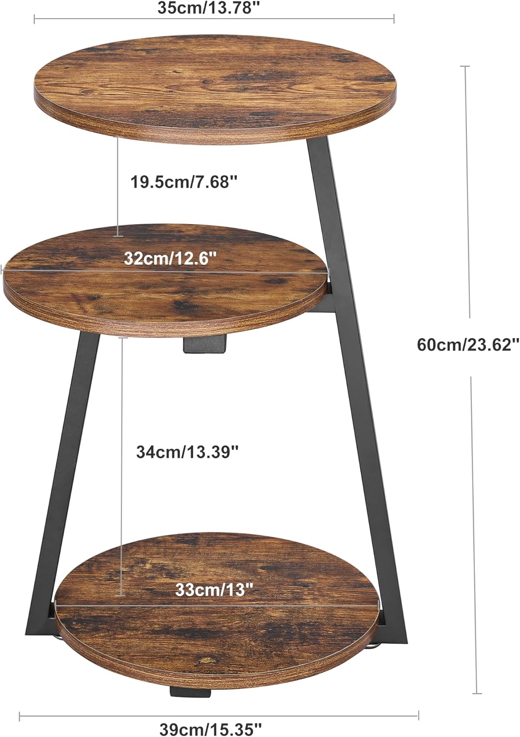 BEWISHOME Round End Table Side Table with Metal Frame, Accent Nightstand Bedside Table with 3-Tier Shelves, Small Couch Coffee Table for Living Room Bedroom Rustic Brown KTZ41Z