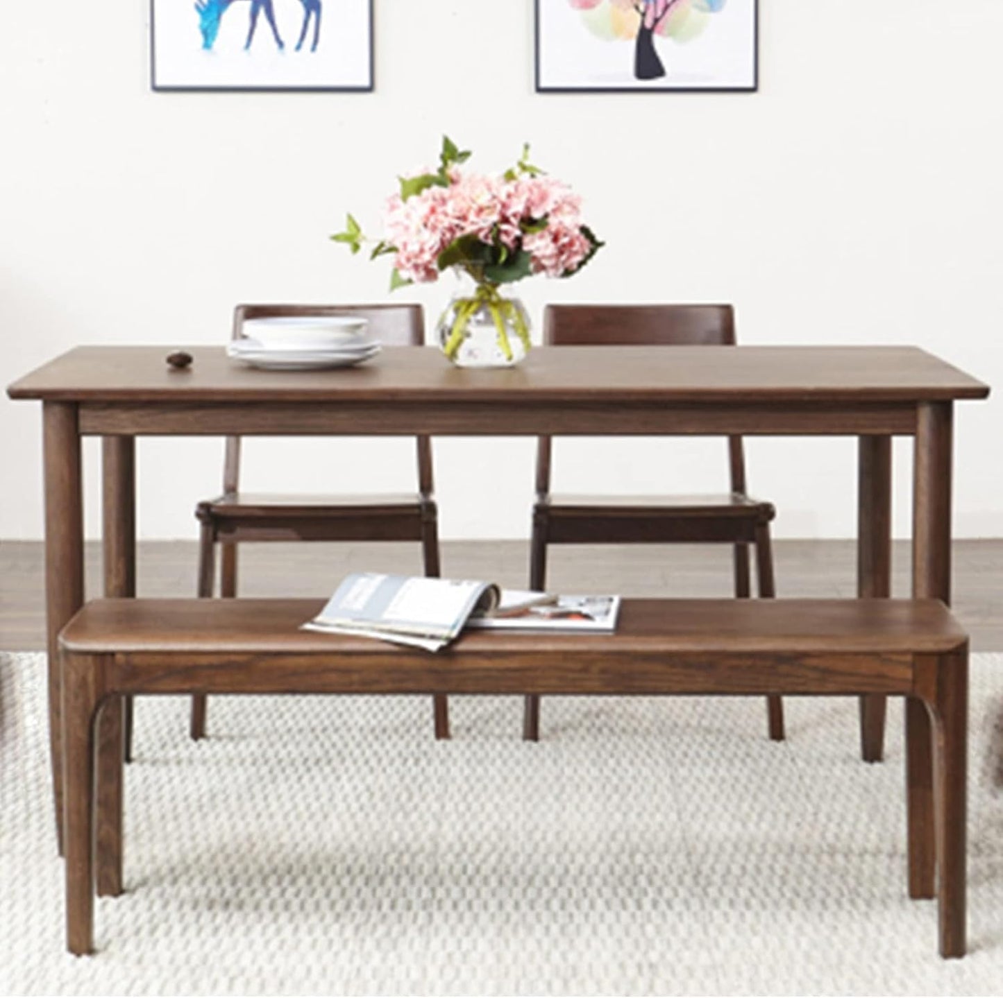 Dining Bench, Wood Bench Solid Oak Wooden Bench Indoor Dining Room Table Home Bedroom Bed End Restaurant Modern Hallway Furniture (Walnut Color, 60" W x 13.8" D x 17.7" H)