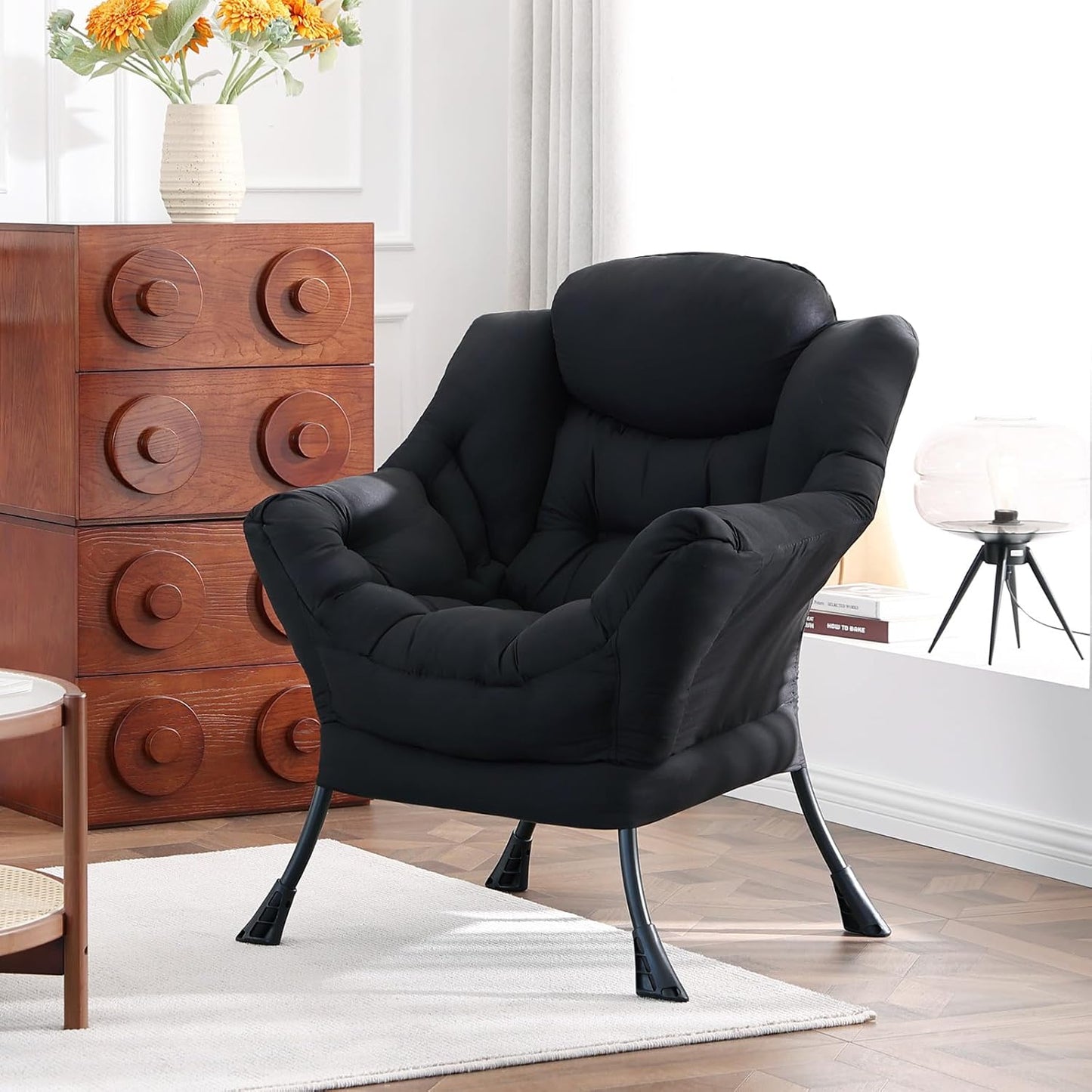 Lazy Chair, Reading Armchair, Large Modern Lounge Accent Chair, Leisure Sofa Chair for Living Room, Bedroom, Dorm Room (Black)