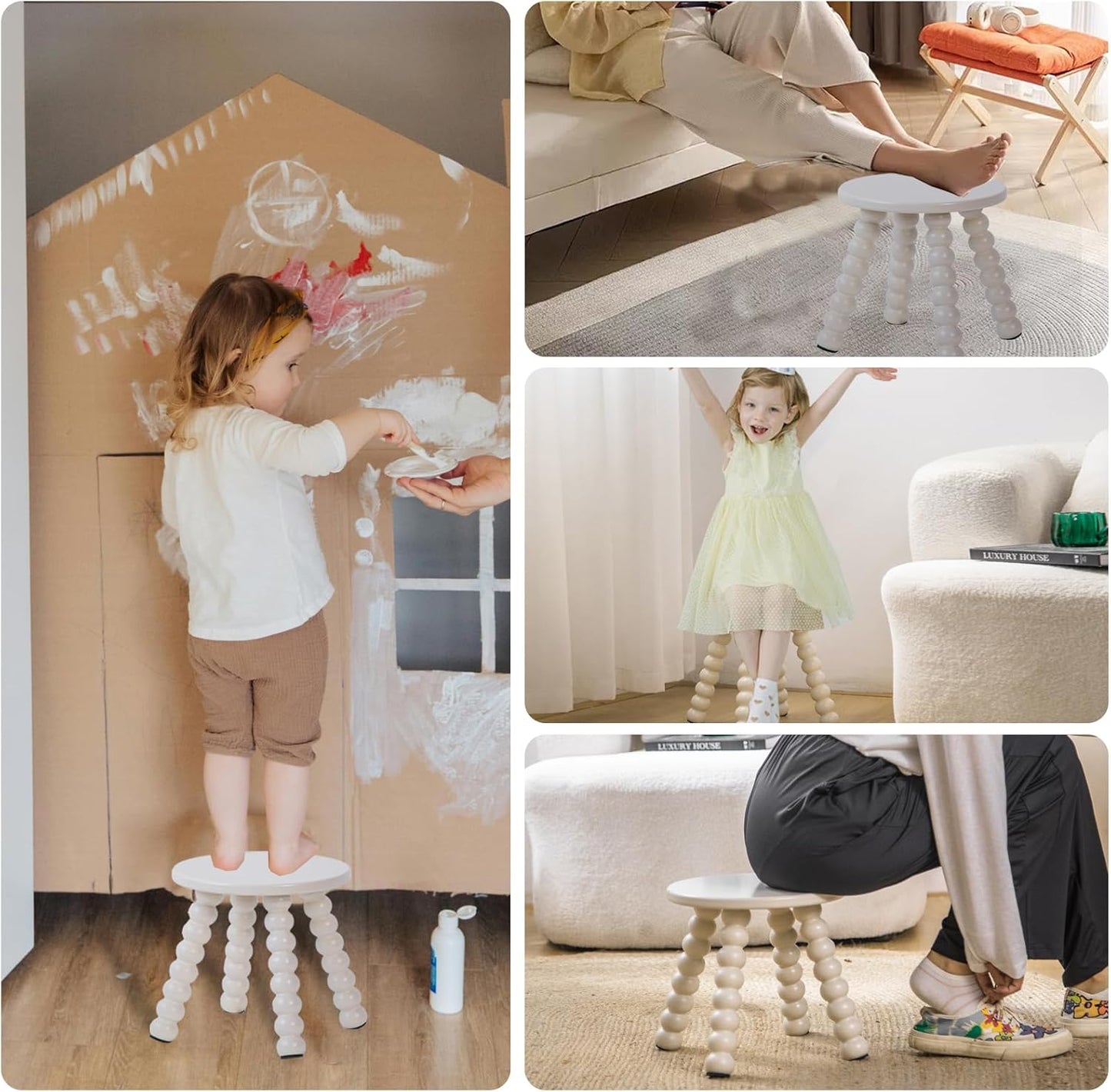 Solid Wooden Step Stool for Adults, 10 inch Stool for Kids Perfect Matched Sensory Table, Sturdy and Versatile Short Foot Stool for Bathroom, Kitchen, Bedroom, Plant Stand Natural (1, White)