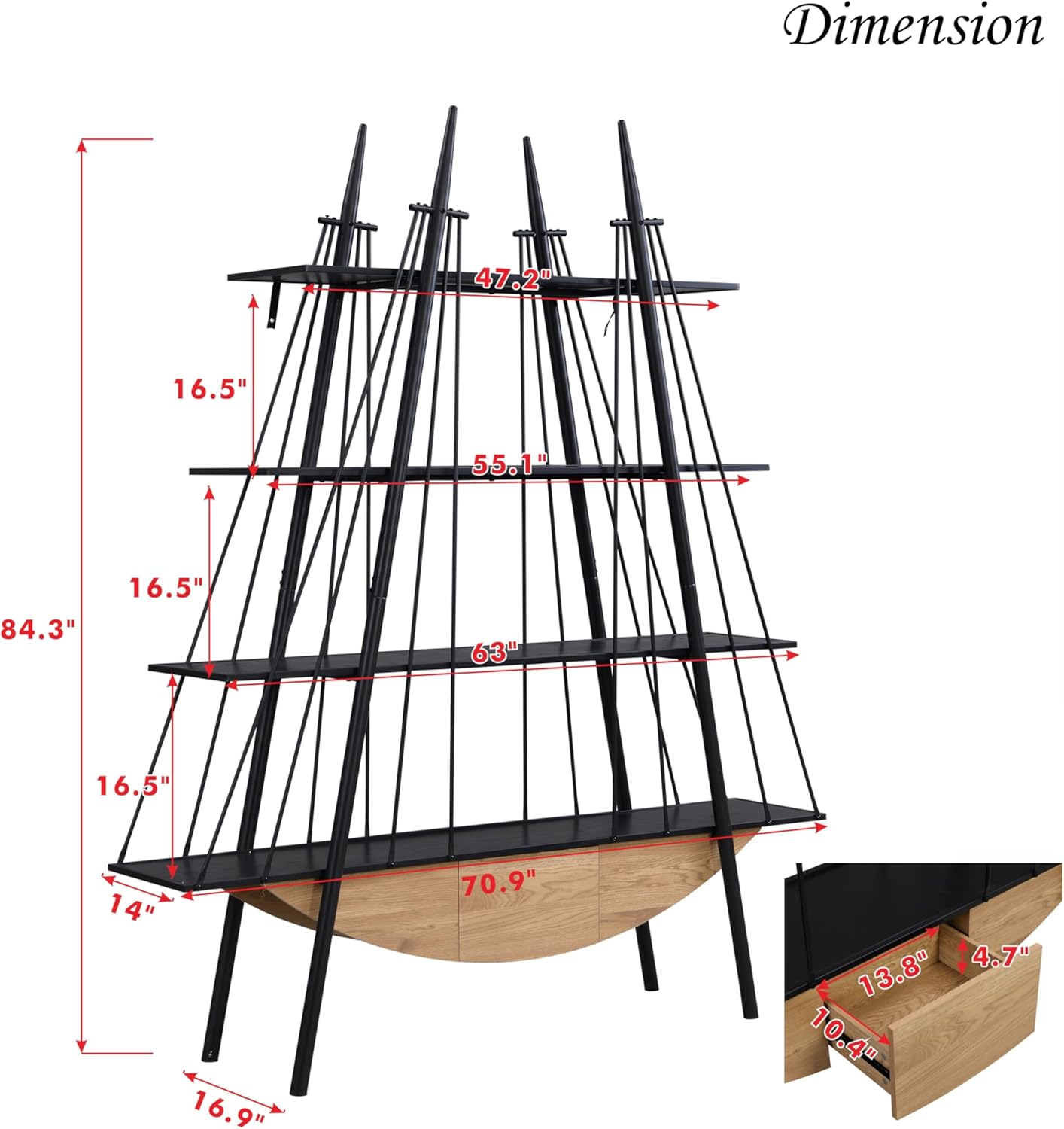 4 Tier Modern Boat-Shaped Bookshelf with Drawer, Black & Natural, 84.3" Tall Vertical Ladder Shelf for Storage Display Decoration, Sturdy MDF & Metal Industrial Frame, for Bedroom, Office