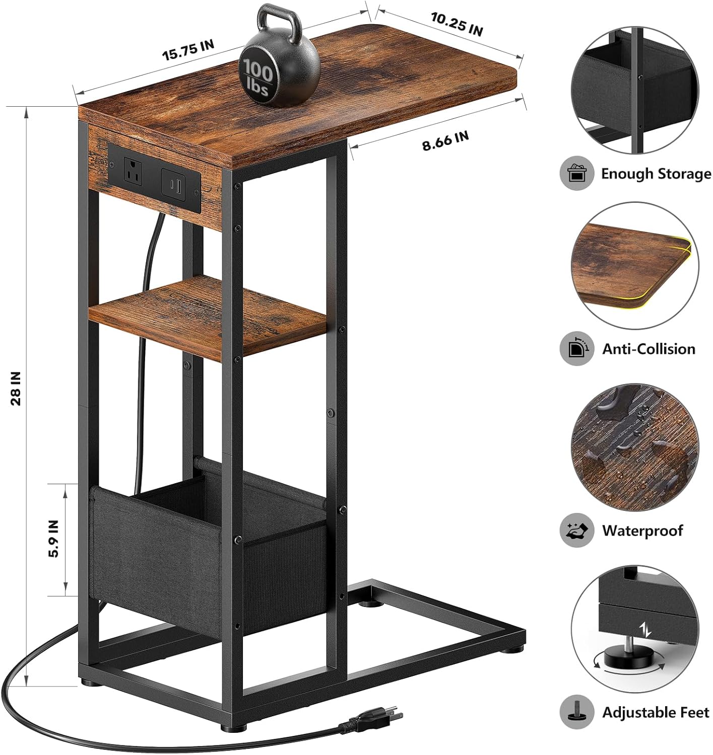 C Shaped End Table with Charging Station, Small Side Table for Couch Recliner, Slide Under Sofa Desk Snack Tables with Storage Bag & AC / USB Outlet, Small Spaces Drink Tables for Living Room, Bedroom