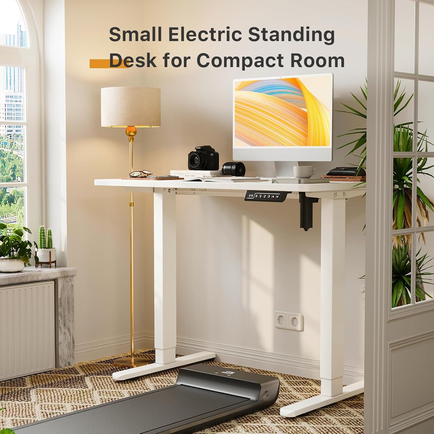 JOY worker Small Electric Standing Desk, 35" x 20" Whole Piece Height Adjustable Desk with Memory Controller, White Sit to Stand Desk Workstation for Home Office