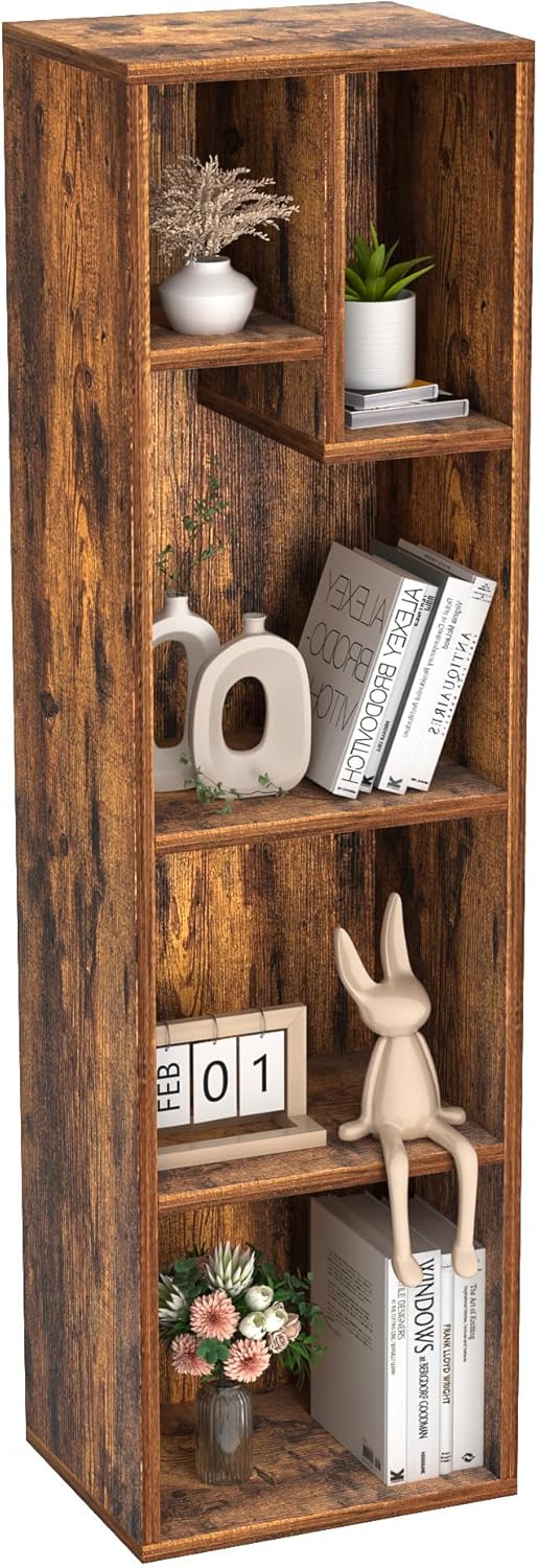 VECELO 4-Tier Bookcase, Modern Storage Cabinet with Height Difference Shelves for Standard Textbooks, 5 Cubes, Vertical or Horizontal, Easy Assembly, Rustic Brown