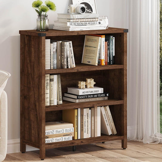 BON AUGURE Rustic Short Bookshelf, 3 Shelf Bookcase, Small Wood Low Book Cases/Shelves, Farmhouse Storage Tier Book Shelves for Home Office, Living Room, Small Space (Rustic Oak)