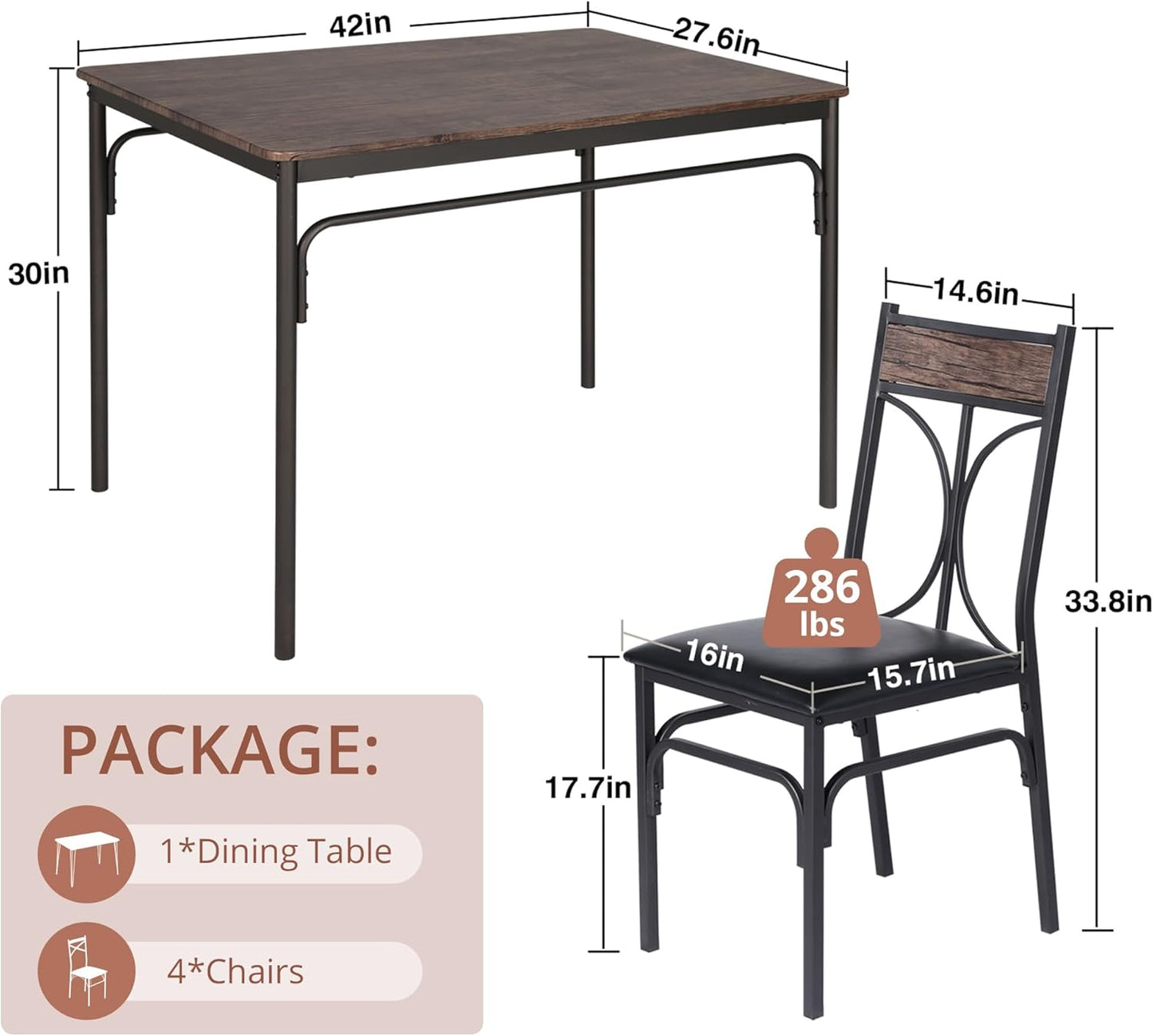 VECELO Kitchen Dining Room Table Set with 4 Chairs for Small Space, Apartment,Metal Steel Frame