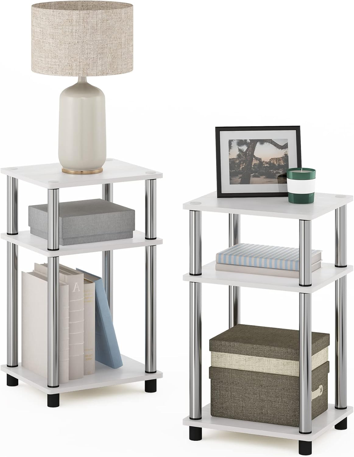 Furinno Simplistic End Side Night Stand/Bedside Table with Stainless Steel Tubes, 2-Pack, 2-Tier Poles, White Oak/Chrome