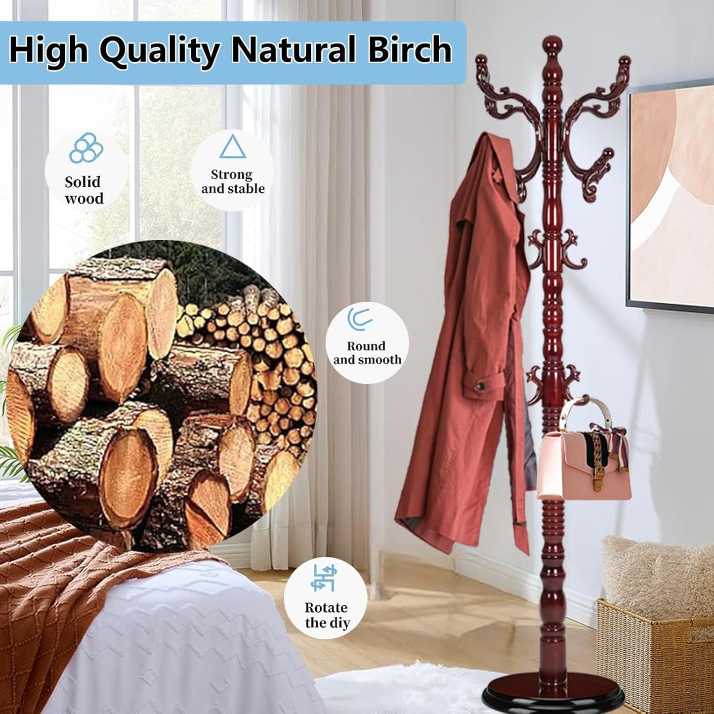 Solid Wood Coat Rack, Coat Racks Free Standing with 14 Hooks, Vintage Coat Rack with Stable Disc Base, Adjustable Height 73 in for Porch, Living Room, Bedroom, Office (Redwood Color)