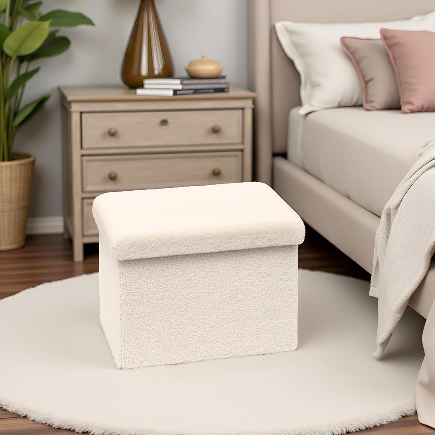 16.5 Folding Storage Ottoman Cube - Small Footrest with Sherpa Top, Multi-Functional Storage for Bedroom, Living Room,White