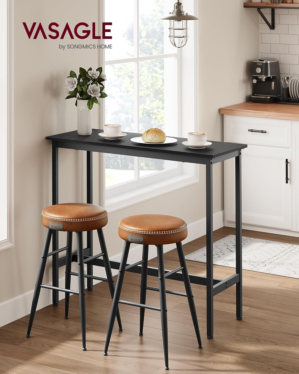 VASAGLE Bar Table, Narrow Long Kitchen Dining Table, Sturdy Metal Frame, Industrial, 15.7 x 39.4 x 35.4 Inches, Ebony Black and Ink Black ULBT010B56