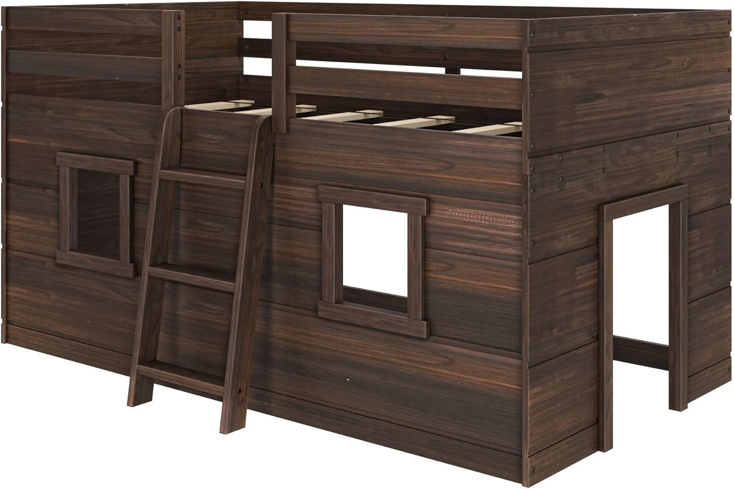 Max & Lily Modern Farmhouse Twin Low Loft Bed with Two Windows - Solid Wood, 15” Guardrails, 400-lb Capacity, Low-VOC Finish, Barnwood Brown