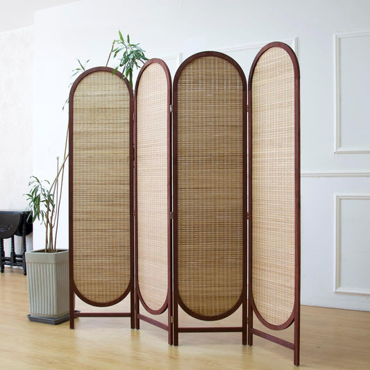 4 Panel Room Divider Screen and Folding Panel Screen in Arch Shape,Double Sided Panel Divider for Room Separation,Light Brown,70.9" H x 70.9" W