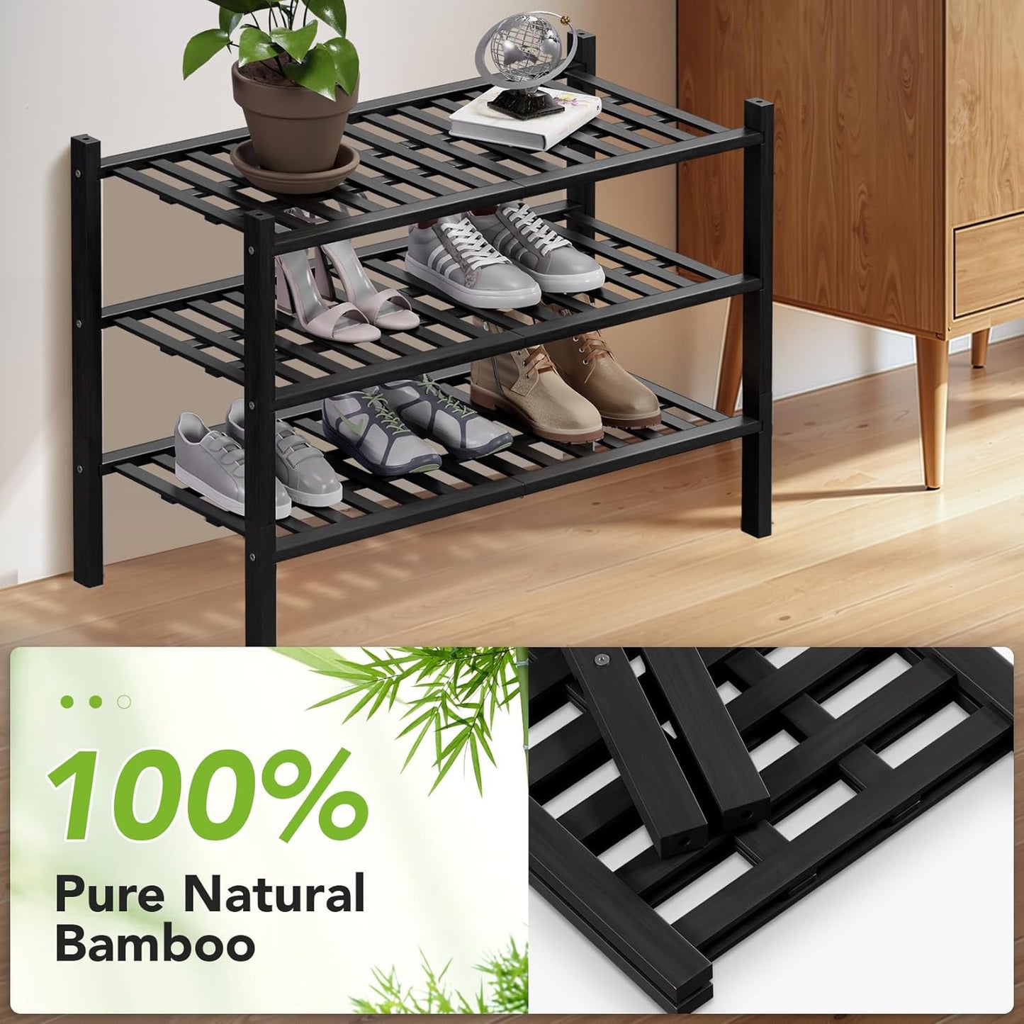 Haddockway 3 Tier Bamboo Shoe Rack Storage Organizer, Multifunctional Free Standing Stackable Shoe Shelf with Grid Panel for Closet,Hallway,Entryway,Small Space 27"x11"x20" (Black, 3 Tier)